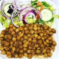 Veggie Platter with Rice · our basmati rice, comes with salad ,chick peas and house made sauces. 
