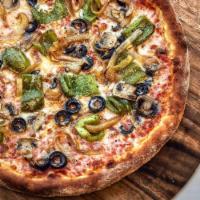 Gluten-Free Veggie Pizza · Roasted green peppers, sauteed mushrooms, caramelized onions and black olives. Vegetarian.