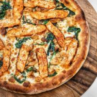 Gluten-Free Pollo Pizza · Sliced chicken breast, baby spinach and slow-roasted garlic. No tomato sauce.