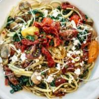 Vegetable Pesto Pasta · Linguine with pesto, kale, mushrooms, red onion, sun-dried tomatoes, cherry tomatoes, feta. ...