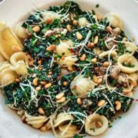 Orecchiette · Comes with housemade sausage, kale, garlic, pine nuts, hot red pepper flakes, Parmesan and l...
