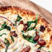 Gluten-Free Trentino Pizza · Mozzarella, Parmesan, crumbled feta, baby spinach, red onions, pancetta, herbs and Meyer lem...