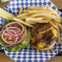 Bacon Cheeseburger · 1/2 lb. hand-pattied ground beef topped with melted American cheese, lettuce, tomato and red...