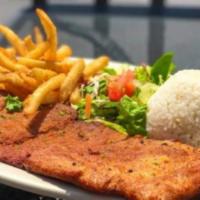 Milanesa de Pollo · Pounded chicken breast, lightly breaded, and deep fried. Served with white rice, French frie...