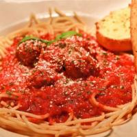 Spaghetti and Meatballs · Long thing pasta. Ball of seasoned meat. Our most popular pasta dish!