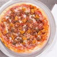 Extravaganza Pizza · Extra pepperoni, Canadian bacon, Italian sausage, beef, salami, smoked bacon and cheese.