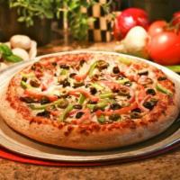 Vegetarian Garden Pizza · Mushrooms, black olives, green olives, red onions, green peppers and tomatoes.