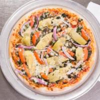 Vegetarian Deluxe Pizza · Mozzarella, spinach, sauteed mushrooms, artichoke hearts, tomatoes and red onions.