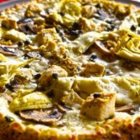 Chicken Piccata Pizza · Classic-artichoke hearts, mushrooms and capers with tender chicken atop mozzarella and lemon...