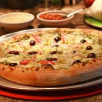 Pesto Street Pizza · Basil pesto sauce, mozzarella, artichoke hearts, Kalamata olives and tomatoes. Suggested add...