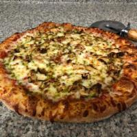 Chicken Pesto Pizza · Our Famous Three-Cheese Blend Italian Style Pizza With Our Homemade Rich In Flavor Pizza Sau...