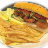 SHRIMP PO' BOY · Crispy Cajun Shrimps submarine sandwich with tomato, lettuce, pickle,
cajun sauce & garlic a...