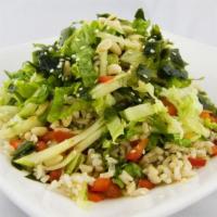 Healthy Brown Rice · Brown rice with pine nuts, sesame seeds, seaweed, lettuce, cucumber and red bell pepper with...