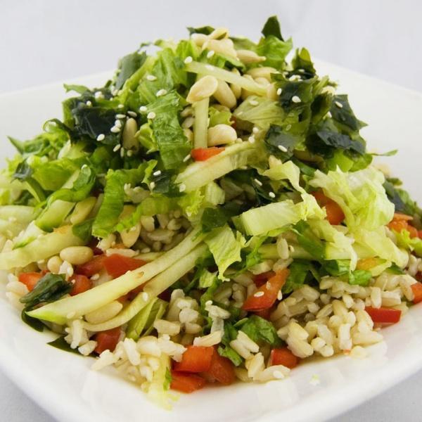Healthy Brown Rice · Brown rice with pine nuts, sesame seeds, seaweed, lettuce, cucumber and red bell pepper with tangy sauce. Gluten Free.