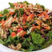 Super Kale Salad · Organic Kale, cucumber, cabbage, carrots, red bellpepper, tomato, tofu and walnut with lemon...