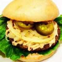 Pepper Jack Burger · Soy patty in organic bun with vegan pepper jack cheese and spicy veganaise dressing.