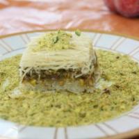 Marble Baklava Pistachio (Ballourieh) · This is marble baklava: shredded wheat dough slow baked filled with crashed pistachios and d...