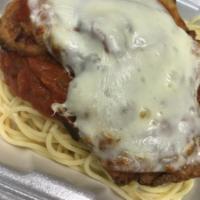 Chicken Parmesan with Garlic Bread · Lightly breaded chicken breast seasoned with Parmesan cheese, deep fried, served with pasta.