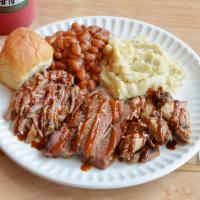 BBQ Bus Sampler · 1/4 lb. each of pulled pork, smoked chicken and Angus brisket served with bread and 2 sides....