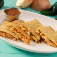 Green Chili and Caramelized Onions Quesadilla · House-made corn tortillas with chopped green chili, caramelized onions & a side of tomatillo...