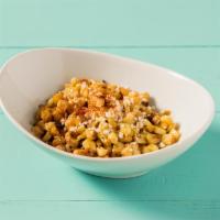 Street Corn · Cotija cheese and chipotle powder. Vegan by request. Spicy. Gluten-free.