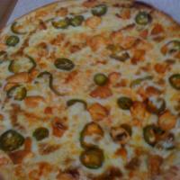 The Buffalo Chicken Pizza · The boneless Buffalo chicken topped with a blend of blue cheese dressing, jalapenos and chop...