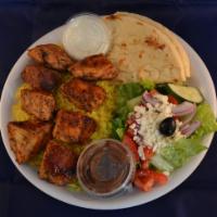 Chicken Shish Kabob Plate · Served over rice with a side Greek salad, pita and homemade tzatziki sauce.