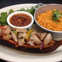 Canoa de Platano Maduro · Served with your choice of sauce. Includes white rice or yellow rice and beans.