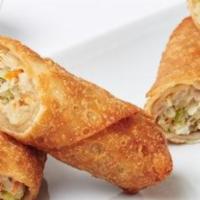 Chicken Egg Roll · Crispy egg rolls filled with chicken, carrots, green onions, cabbage and noodles.