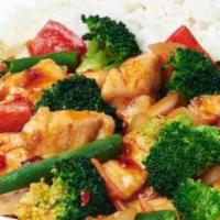 Thai Sweet Chili Chicken · White chicken with fresh green beans, red peppers, carrots, white onions and broccoli in our...