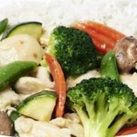 Chicken & Vegetables · White chicken with zucchini, carrots, broccoli, mushrooms, water chestnuts and snap peas in ...