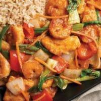 Spicy Korean Chicken & Shrimp · Baby bok choy, red bell peppers, dried chilies, ginger, onion, carrots, and garlic wok'd in ...