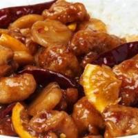 Orange Peel Chicken · Fresh orange slices, red chili peppers and water chestnuts in a sweet orange sauce.