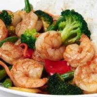 Thai Sweet Shrimp · Fresh green beans, red peppers, carrots, white onions and broccoli in our sweet red chili sa...