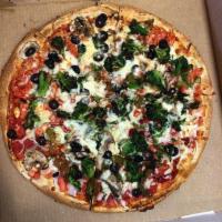 Vegetarian Pizza · Veggie Heaven! Nick's combination of Peppers, Onions, Broccoli, Mushrooms, Black Olives & Fr...