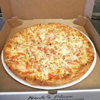 Shrimp Scampi Pizza · Fresh shrimp, grated Romano cheese, garlic butter sauce. Tomatoes are optional.