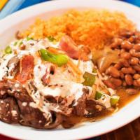 Alambres · Alambres, steak, bacon, green peppers, onions and cheese. Served with rice, beans and tortil...