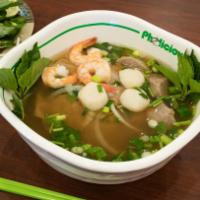 53. Pho Special Mixed Soup · Pho dac biet. Eye round beef, beef meatball fish ball and shrimp.