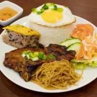 89. Broken Rice with Charbroiled Pork Shredded Pork and Egg Quiche · Com tam thit nuong bi, cha.