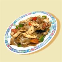  Pad Kee Mao  · wide rice noodles, tomato, onion, basil, beansprouts, bell peppers in brown sauce