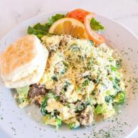 Joe's Special · Ground beef, spinach, mushroom, onions sauteed with scrambled eggs topped with Parmesan chee...