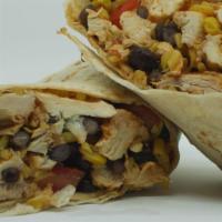 Burrito Wrap · Roasted chicken, rice, beans, sauteed onions, corn, white cheddar cheese and Mexican seasoni...