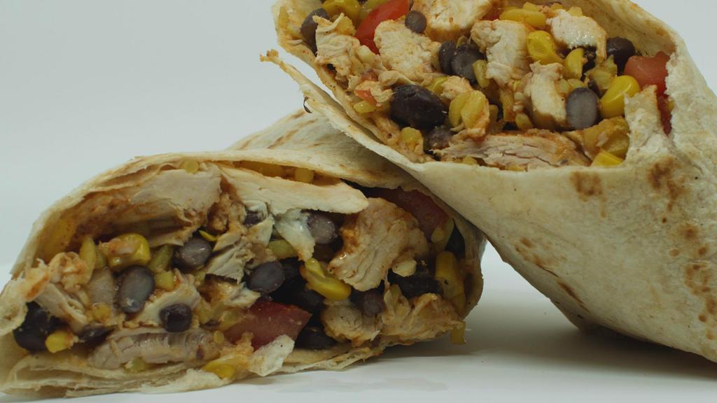 Burrito Wrap · Roasted chicken, rice, beans, sauteed onions, corn, white cheddar cheese and Mexican seasoning.