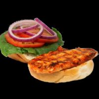 Spicy Grilled Chicken Sandwich with 2 Sided · Spicy marinade char grilled chicken with lettuce tomato & Mayo on fresh baked roll