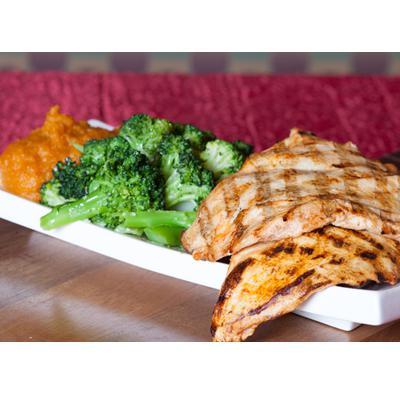 Grilled Chicken Platter. Mild or Spicy · Marinated char-grilled boneless chicken breast. Served with corn bread and 2 sides.