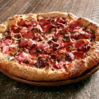 Mighty Meaty Pizza · Mellow red sauce base with mozzarella, pepperoni, sausage, ground beef, ham and applewood sm...
