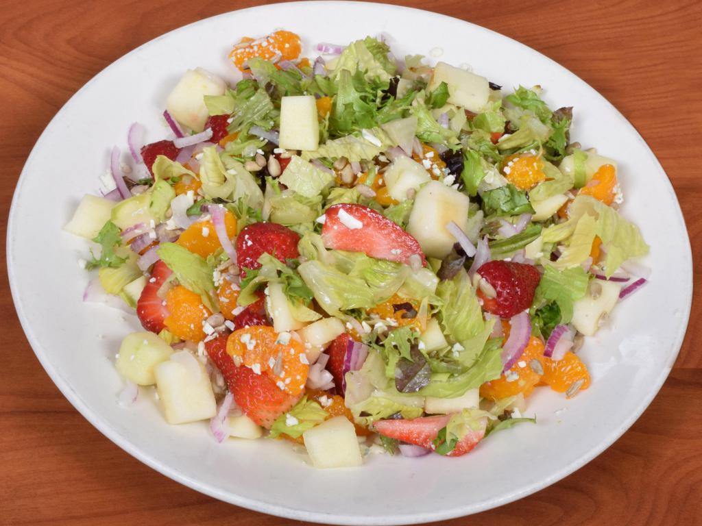 Chopped Summer Salad · Mix greens, romaine, mandarin oranges, strawberries,
green apples, red onion, sunflower seeds and crumbled Gorgonzola with a lemon citrus or light raspberry dressing.
