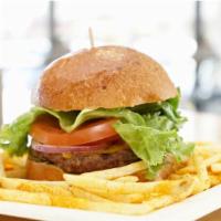 JeJe Hamburger + Potato Wedges · 1/3 premium beef, fresh baked brioche, cheddar cheese, onions, tomatoes, pickles, special sa...