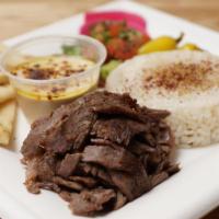 Beef Gyros Plate · Flame-broiled beef, shepherd salad, hummus, basmati rice, pickled turnips, and pickled chili...