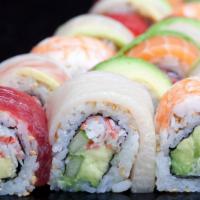 Rainbow Roll · Tuna, shrimp, yellowtail, snapper, salmon, Krab, avocado, cucumber.